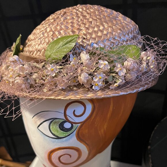 Vintage 1950s Valerie Modes Woven Straw Hat, netting, velvetribbon,satin flowers main image 4
